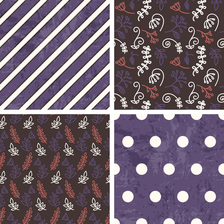 Vector seamless tiling patterns - sketch flowers, polka dot and stripes. For printing on fabric, scrapbooking, gift wrap.のイラスト素材