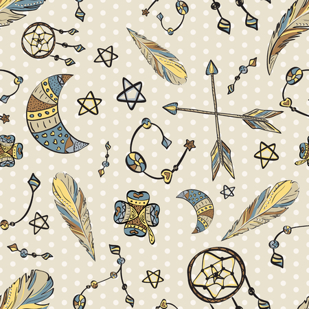 Seamless pattern with boho elements - dream catcher, moon, arrows and beads on polka dot background. Hand drawn vector illustrationのイラスト素材