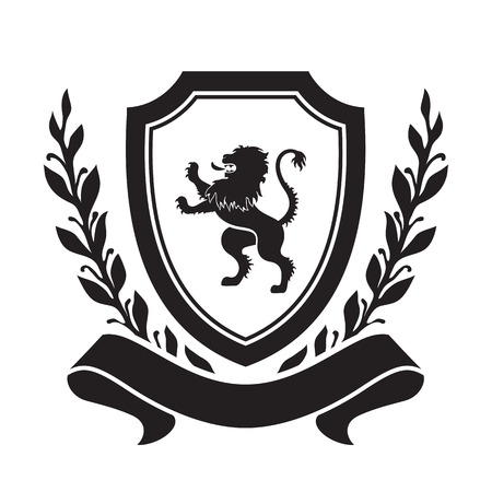 Coat of arms - shield with lion, laurel wreath and ribbon. Based on and inspired by old heraldry.のイラスト素材