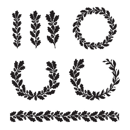 Silhouette oak wreaths in different  shapes - half circle, circle, branch and seamless borderのイラスト素材