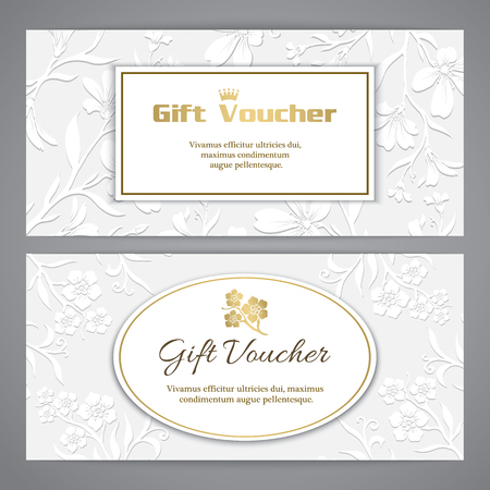 Gift voucher template with embossed pattern in grey and gold colorのイラスト素材