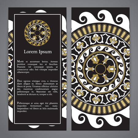 Vector banners with mandala in black, gold and white colors. Based on ancient greek, islamic and turkish ornaments. For invitation, banner, postcard or flyer.のイラスト素材