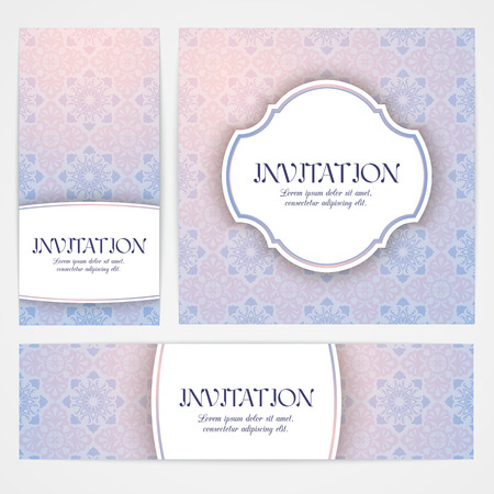 Backgrounds with mandala in pink and blue colors. Based on ancient greek, islamic and turkish ornaments. Templates for invitation, banner, postcard or flyer.のイラスト素材