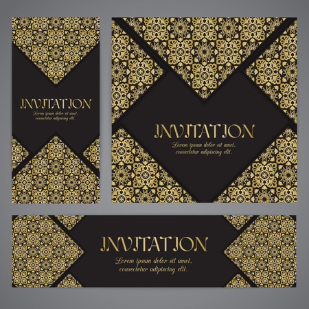 Background set with gold ornament, based on ancient islamic ornaments. For wedding invitation, book cover or flyerのイラスト素材