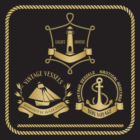 Nautical emblems and signs with vessel, light house and anchor. Seamless rope border in black and goldのイラスト素材