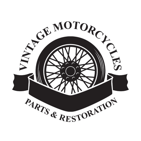 Motorcycle emblem in monochrome silhouette style, logo with wheel and chainのイラスト素材