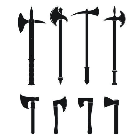 Set of different axe silhouettes. Based on and inspired by old heraldry. のイラスト素材
