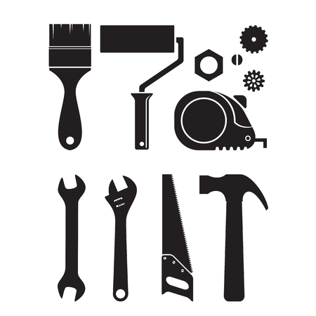 Set of different tool silhouette icons, isolated on white backgroundのイラスト素材