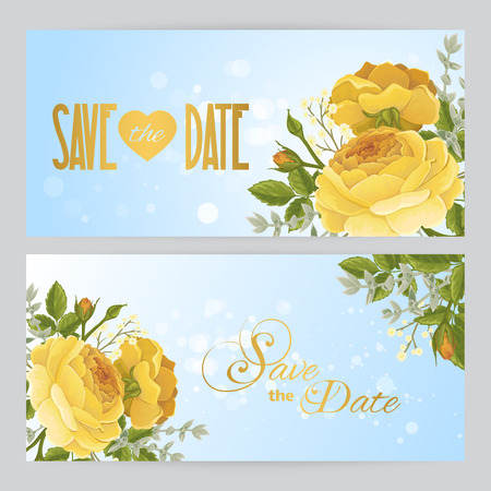 Flyers with rose graphic flowers on blue sky background. Wedding invitation or greeting card. David Austin rose - Golden Celebrationのイラスト素材