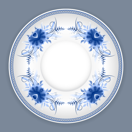 Ceramic plate with classic russian gzhel floral ornamentのイラスト素材