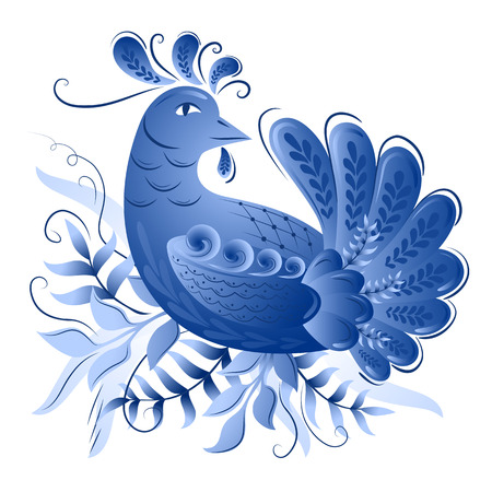 Ceramic plate with classic russian gzhel floral ornament and chickenのイラスト素材