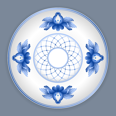 Ceramic plate with classic russian gzhel floral ornamentのイラスト素材