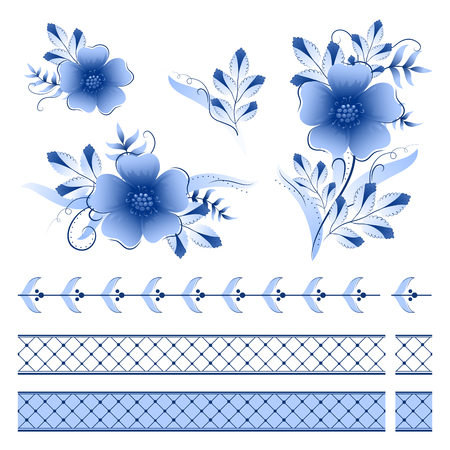 Classic russian ghzel ornament border and floral elementsのイラスト素材