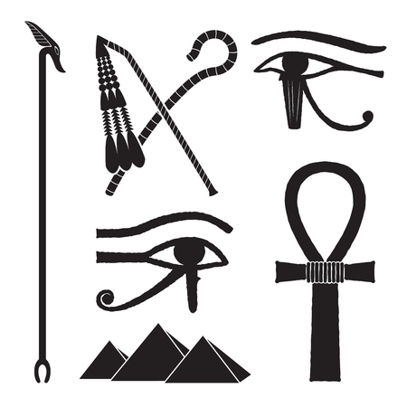 Set of ancient egypt silhouettes - The Crook and Flail, was-scepter, eye of horus and pyramidsのイラスト素材