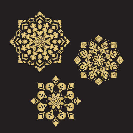 Gold color round abstract ethnic ornament mandalas. Based on old greek, arabic and turkish motifs. For textile, invitations, banners and otherのイラスト素材