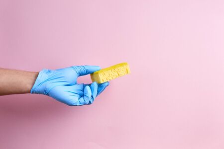 Hand in blue rubber protective glove holding yellow sponge on pink background