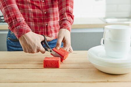The woman with scissors and two half sponge before washing dishes, saving concept, kitchen...