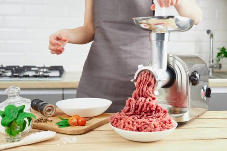 The process of preparing forcemeat by means of a meat grinder. Female hands use meat chopper at...