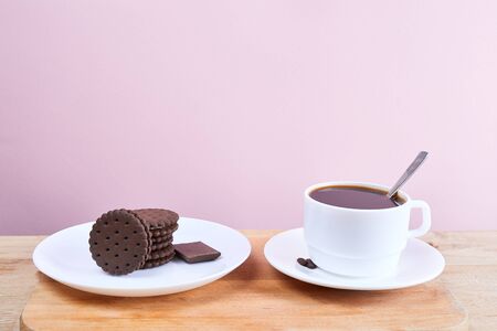 hot coffee put on table, drink breakfast in morning day