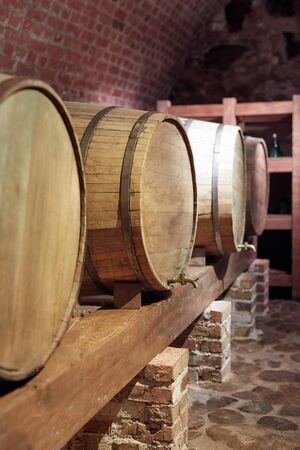Wine barrels stacked in the cellar. Wine barrels in wine-vaults in order.