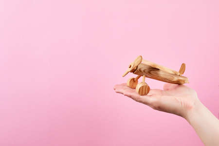 Female hand holding an airplane on a pastel pink background.の写真素材