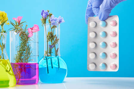 Scientist's hands hold pills. Test tubes with plants on blue background. Concept of natural organic drug and laboratory research.の写真素材