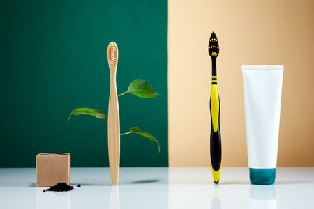 Zero waste, Eco-friendly creative concept. Wooden bamboo toothbrush with leaves VS plastic brush. Natural organic bathroom beauty product. Life without plastic.の写真素材