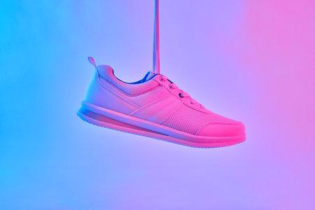 Fashion white sneakers in neon light. Sport shoes for training in the gym. Creative minimalism.