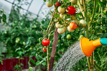 Watering tomatoes plant in greenhouse garden. Hand with watering can in greenhouse watering the tomato.の写真素材