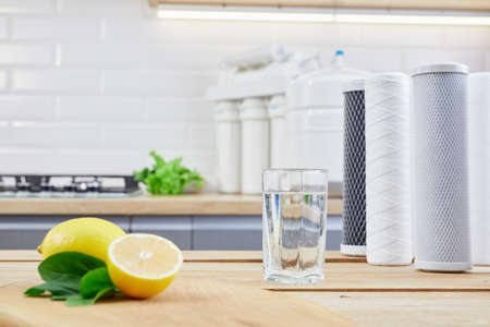 Glass of filtered clean water with reverse osmosis filter, lemons and cartridges on a table in kitchen. Concept Household filtration or purification system.の写真素材