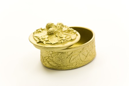 Wooden box in golden color isolated on whiteの写真素材