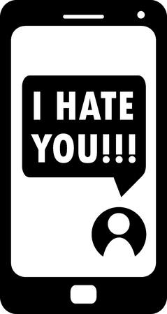 Cyberbullying conceptualization, I hate you message on smartphone, black and white vector, online aggression and humiliation illustration or icon usable for web and print materialsのイラスト素材