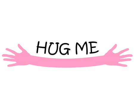 Hug me written above open arms and hands, black and white and pink vectorのイラスト素材