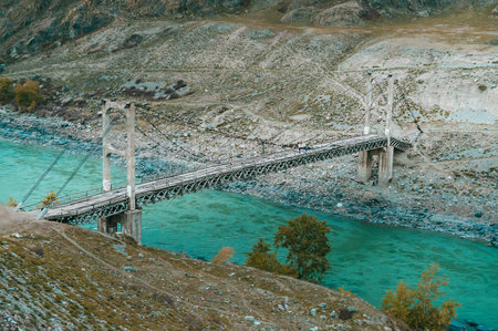 Bridge over blue river in the Altai mountainsの写真素材