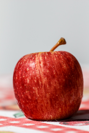 Small apple on tablecloth and lightly grayish white blurred backgroundの写真素材