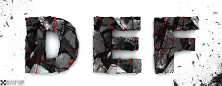 Coal letters D, E, F on white background, 3d rendering, isolated. Ember alphabet isolated, path...