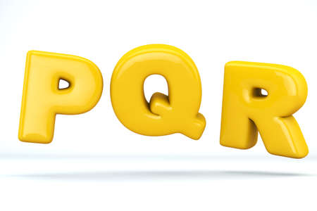 Font glossy plastic yellow, letters P, Q, R. 3D render of bubble, isolated on white Background, path...