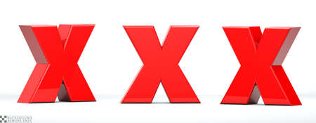 Letter X of red color in 3 positions. 3d Render illustration at different angles: Front, right side, left side. White background, isolated.の写真素材