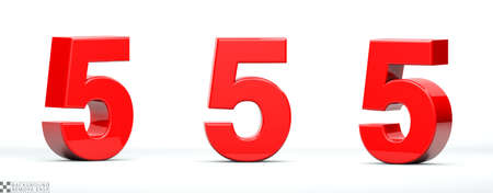 Number 5 of red color in 3 positions. 3d Render illustration at different angles: Front, right side,...