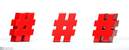 Hashtag of red color in 3 positions. 3d Render illustration at different angles: Front, right side, left side. White background, isolated.の写真素材
