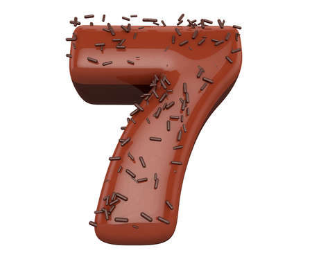 Chocolate font and granules, Delicious Number 7. Alphabet 3d render, isolated on white background,...