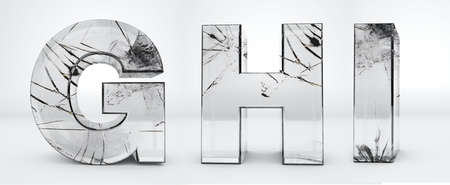 Alphabet G, H, I transparent, glass broken 3d rendering