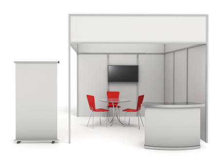 Trade exhibition stand and blank roll banner 3d render isolated - white booth for customizing