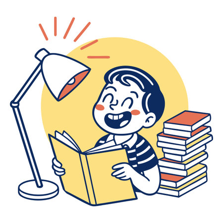 Happy boy reading a book. Vector illustration in flat cartoon style.のイラスト素材