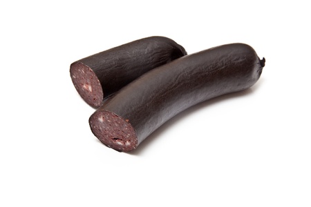 Black pudding sausage isolated on a white studio background.の写真素材