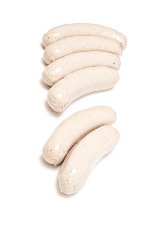 German Bratwurst sausages isolated on a white studio background.の写真素材