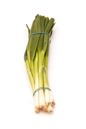Spring onions isolated against a white studio background.の写真素材