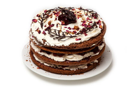 Black forest Gateau cream cake isolated on a white studio background.の写真素材