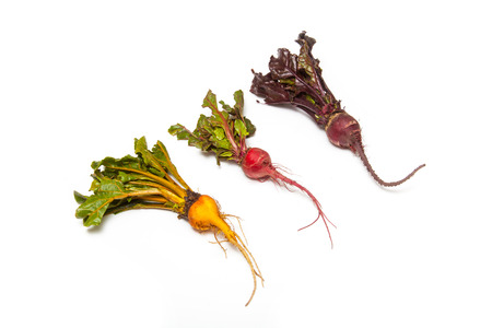 Yellow pink and traditional purple Beetroot isolated on a white studio background.の写真素材