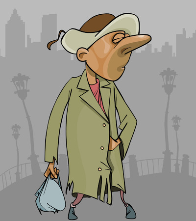 cartoon homeless man in a tattered coat with bag in handのイラスト素材